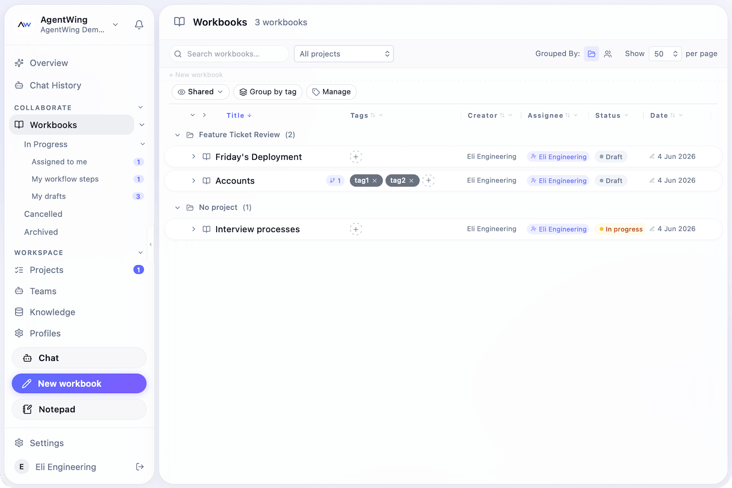 AgentWing inbox and workbook interface mockup